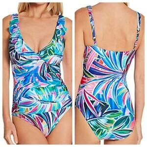 NWT La Blanca Palm Opulence Ruffle Surplice One Piece Swimsuit Blue/Green Size 4